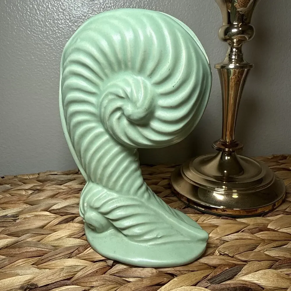 MCM Mint Green Nautilus Shell Vase Fiddlehead Fern Style Matte Pottery Decor